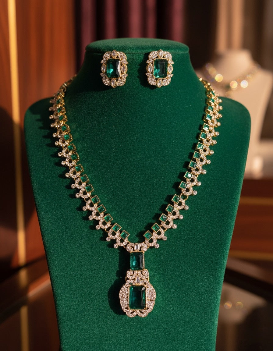 Sondarya Royal Emerald Green Statement Necklace Set With Earrings