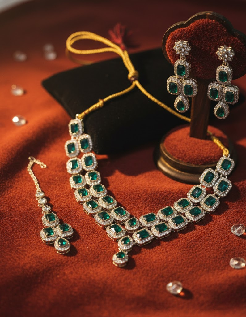 Sondarya Royal Emerald American Diamond Necklace Set with Maang Tikka
