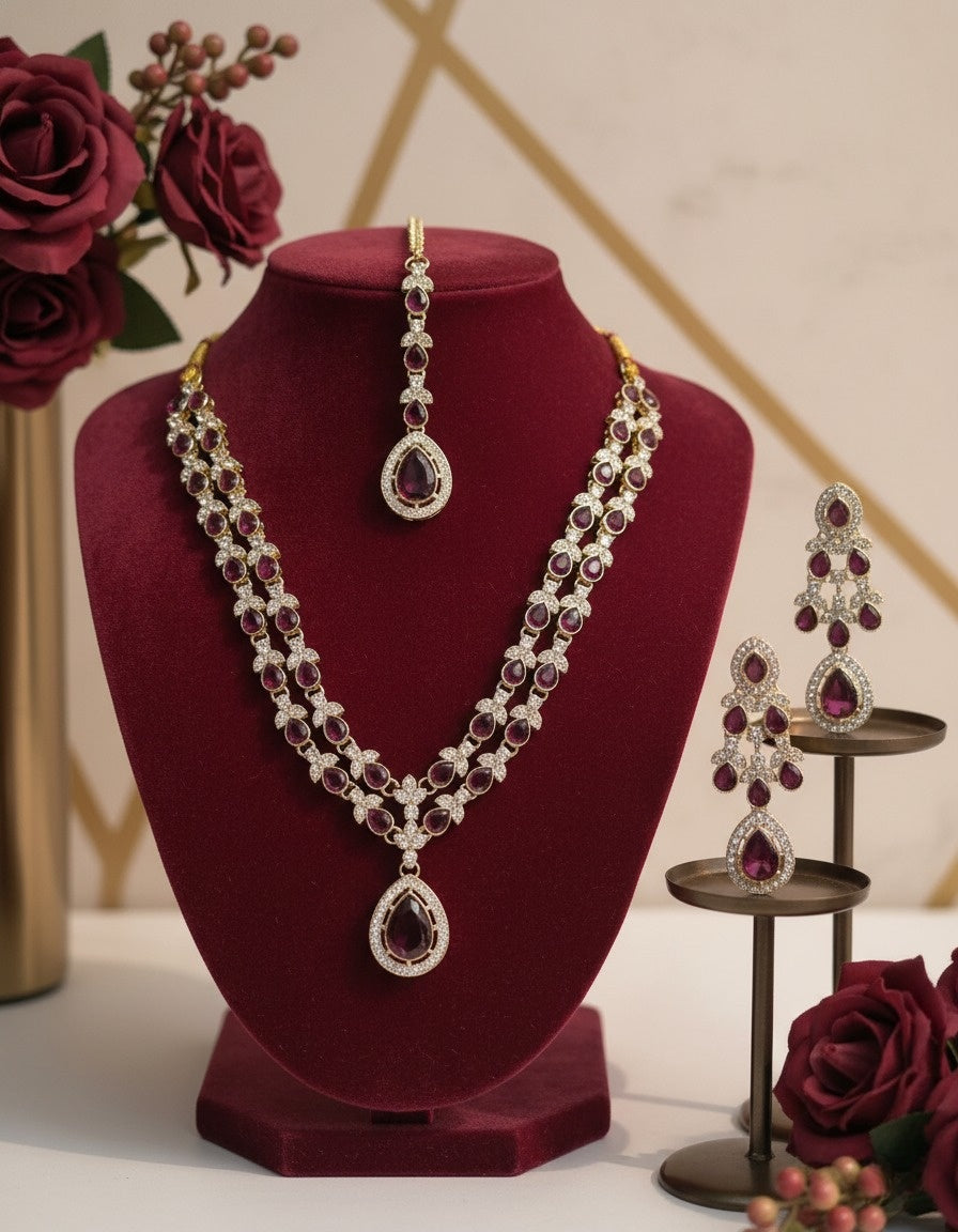 Sondarya Regal Plum Teardrop Double-Layered Necklace Set With Maang Tikka