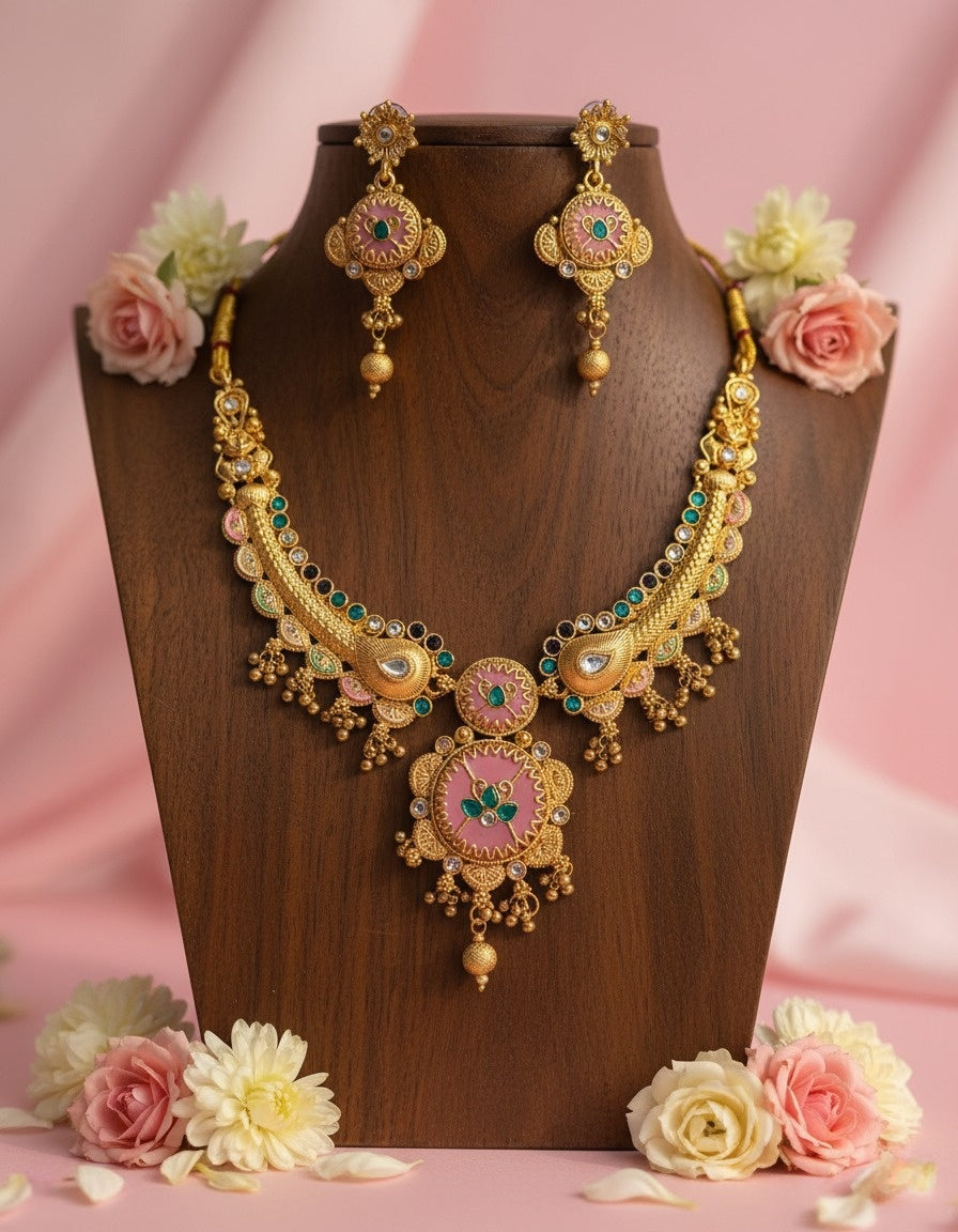 Sondarya Heritage Pink Enamel & Antique Gold Necklace Set With Earrings