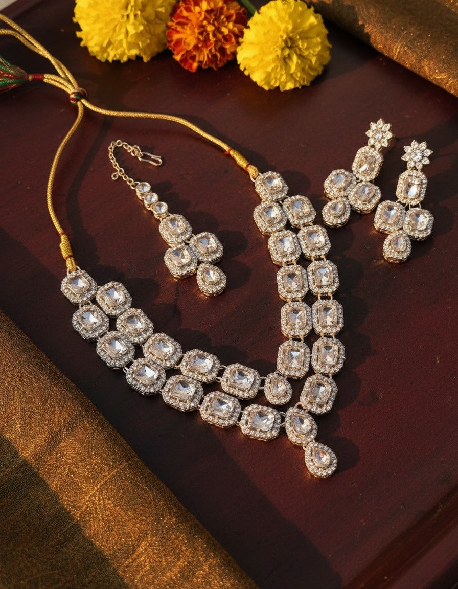 Sondarya White Double-Layered Polki-Style Necklace Set