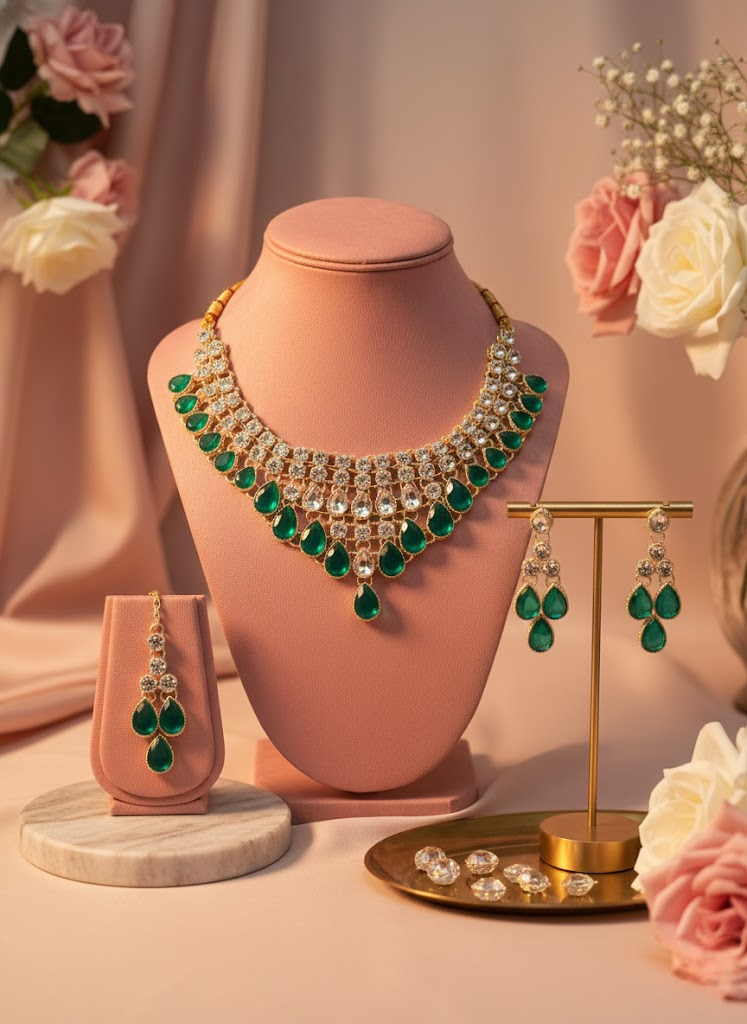 Sondarya Royal Emerald AD Choker Set with Maang Tikka