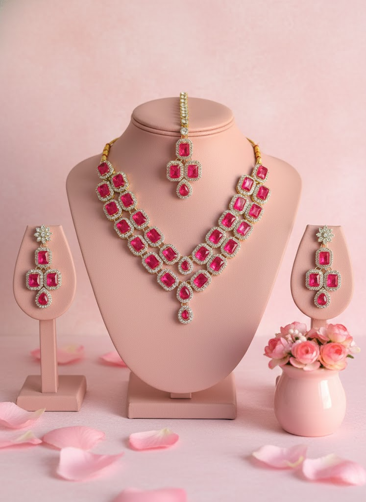 Sondarya Empress Fuchsia Pink Double-Layered Necklace Set With Maang Tikka