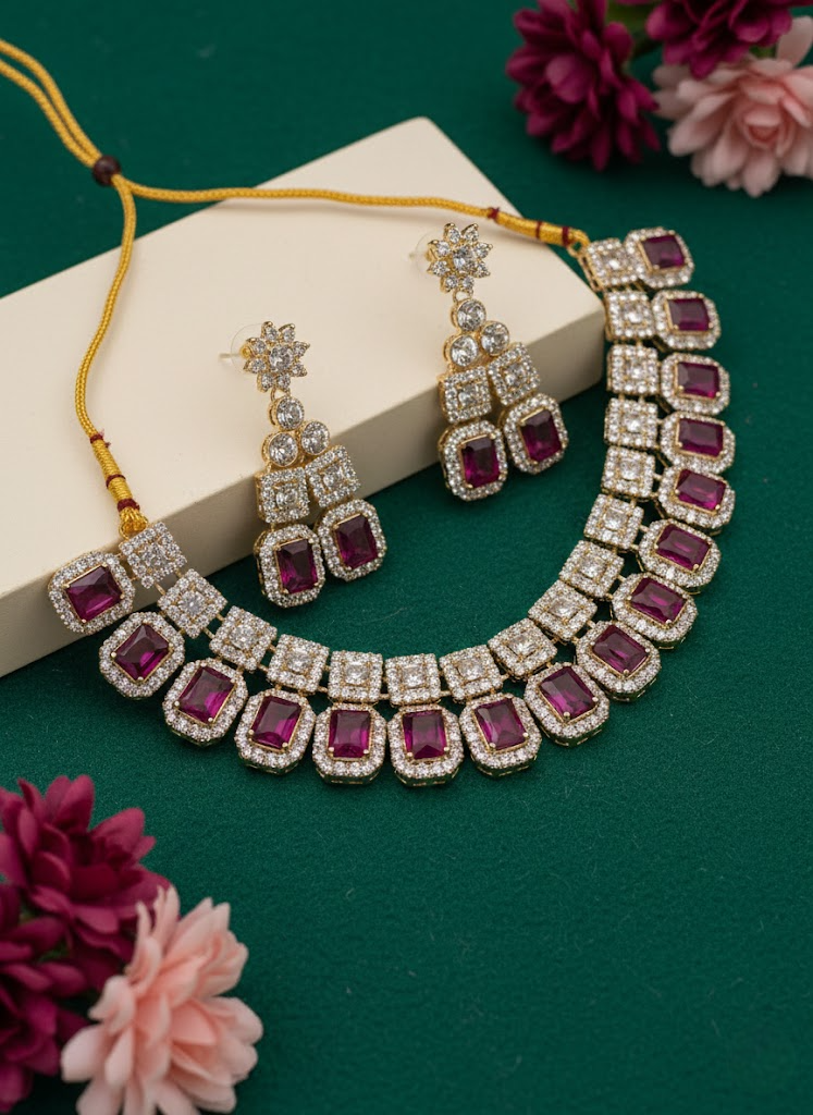 Sondarya Regal Ruby & Diamond-Look Necklace Set With Maang Tikka