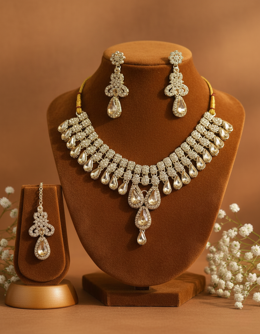Sondarya Champagne Crystal Teardrop  Necklace Set With Maang Tikka