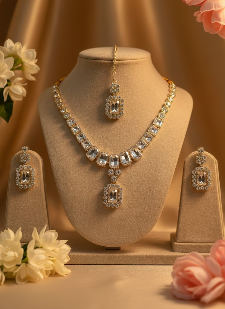 Sondarya Sparkling Solitaire Diamond-Look Necklace Set With Maang Tikka
