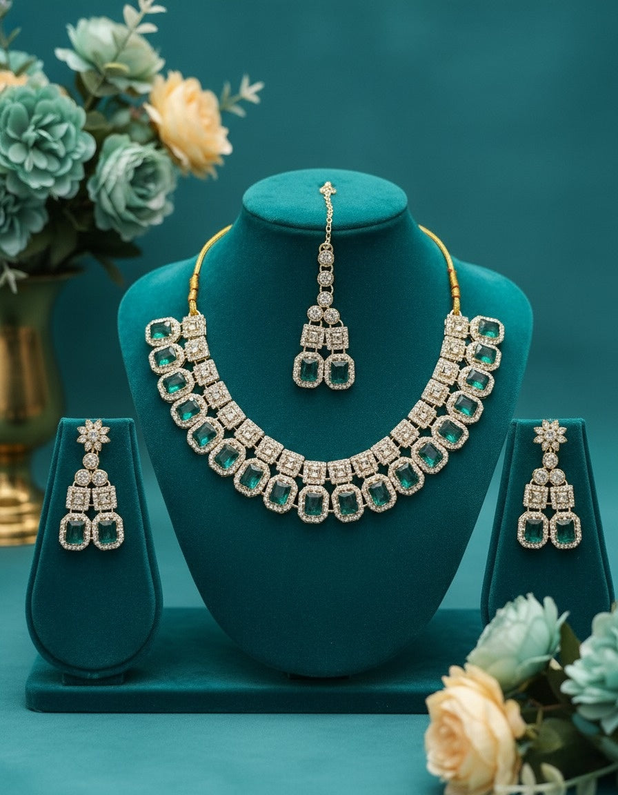 Sondarya Regal Emerald Double-Layered Necklace Set With Maang Tikka