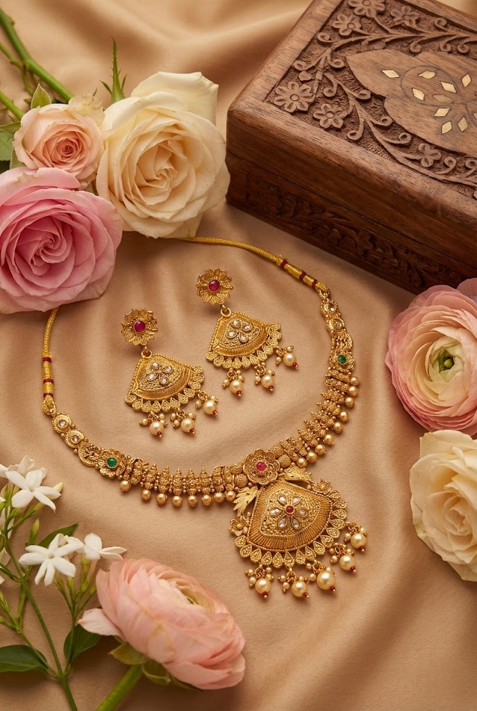 Sondarya Regal Gold-Tone Temple Necklace Set With Earrings