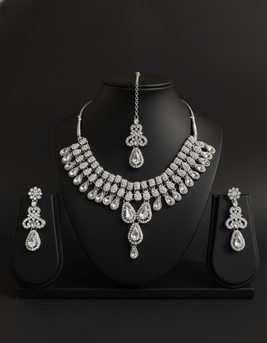 Sondarya Celestial Silver Crystal Necklace Set With Maang Tikka