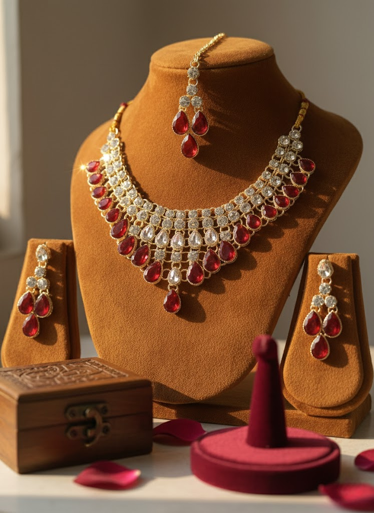 Sondarya Ruby Bloom AD and Red Stone Necklace Set with Maang Tikka