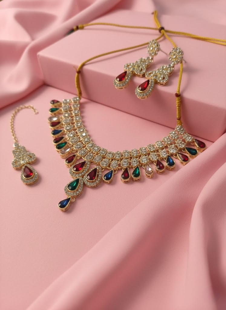 Sondarya Premium Multicolor AD Choker Set with Maang Tikka