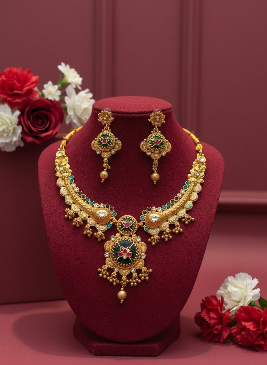 Sondarya Heritage Forest Green Enamel & Antique Gold Set With Earrings