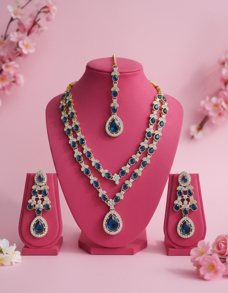 Sondarya Royal Blue Teardrop Double-Layered Necklace Set With Maang Tikka
