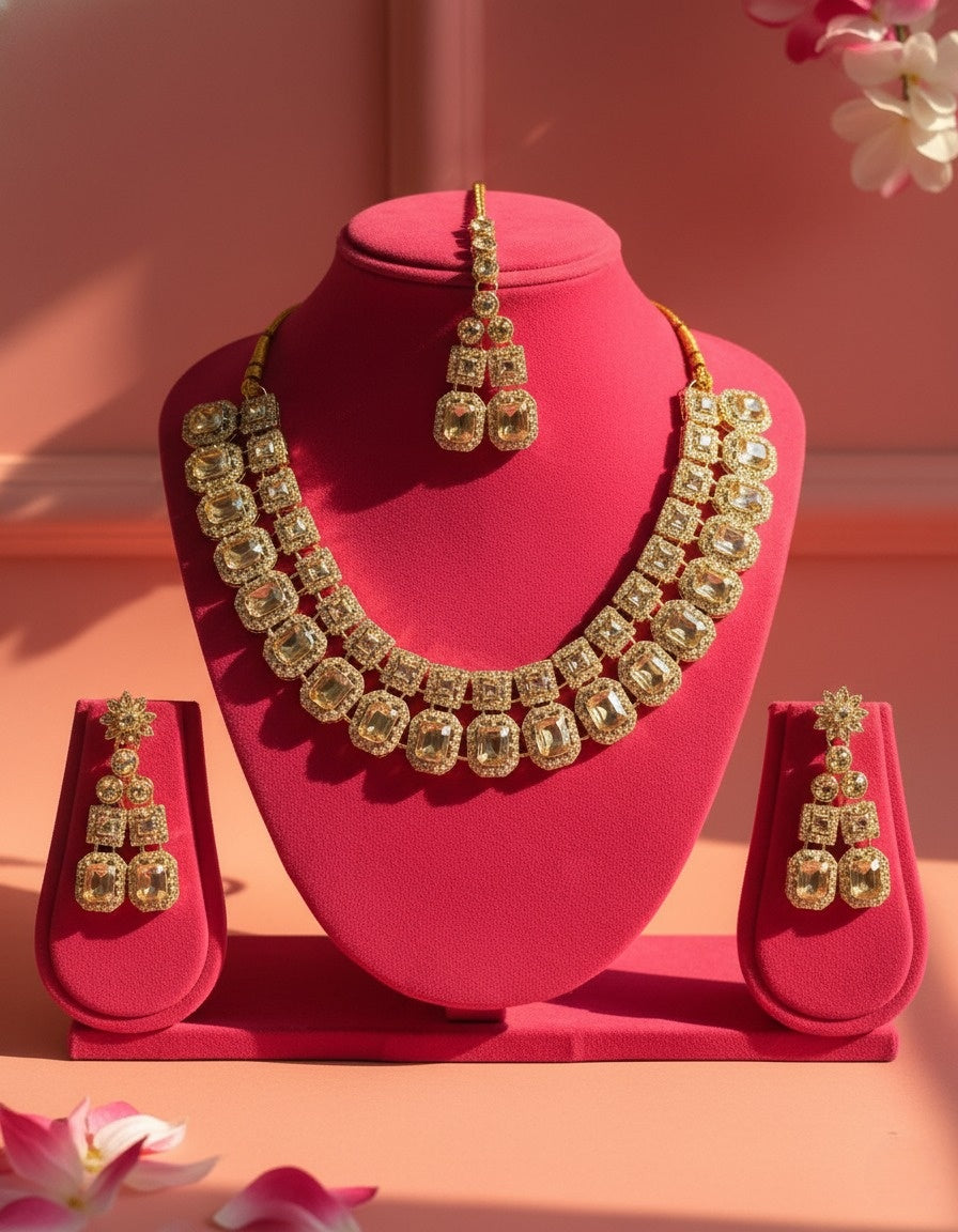 Sondarya Champagne Double-Layered Necklace Set With Maang Tikka