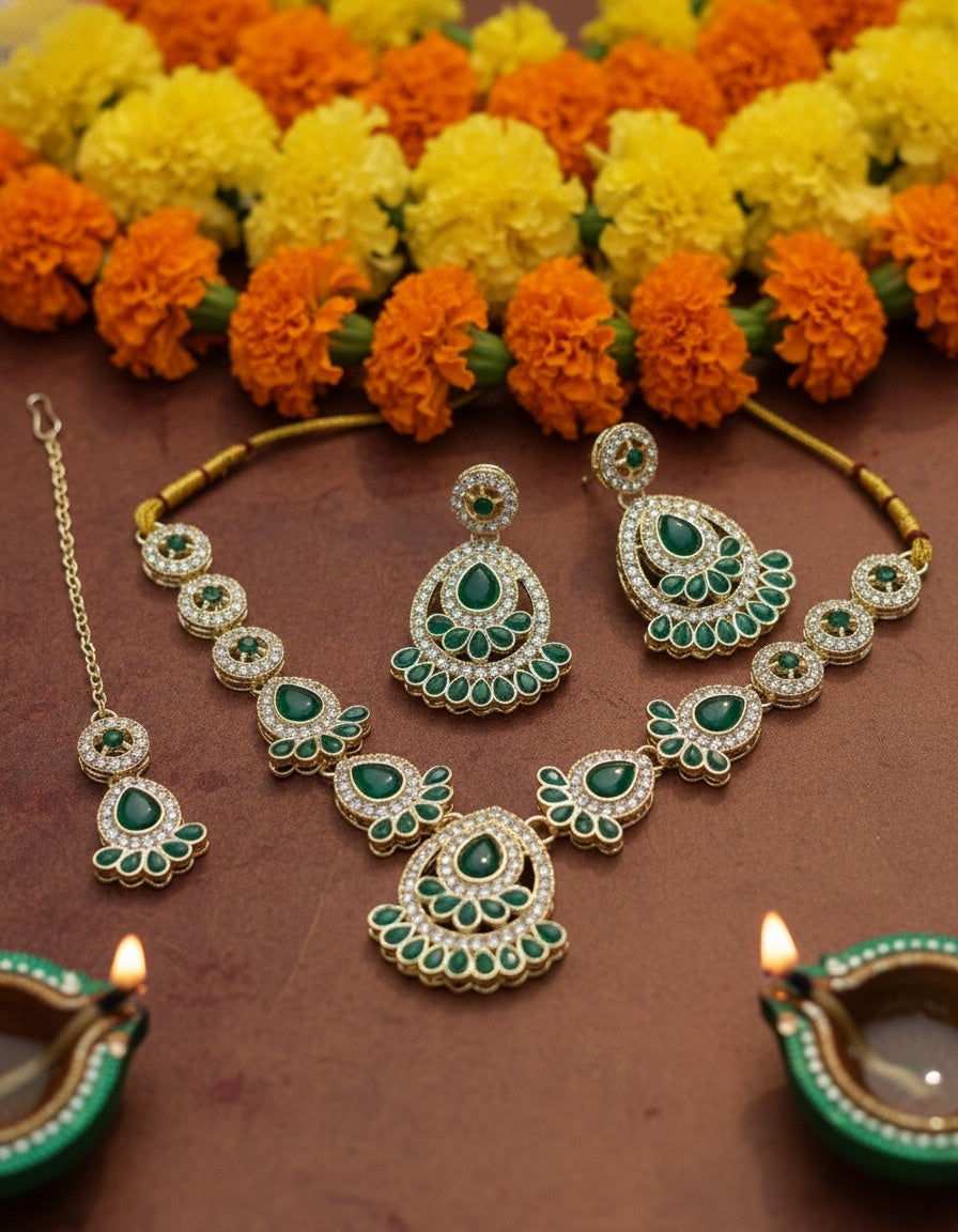 Sondarya Verdant Bloom Green Necklace Set With Maang Tikka