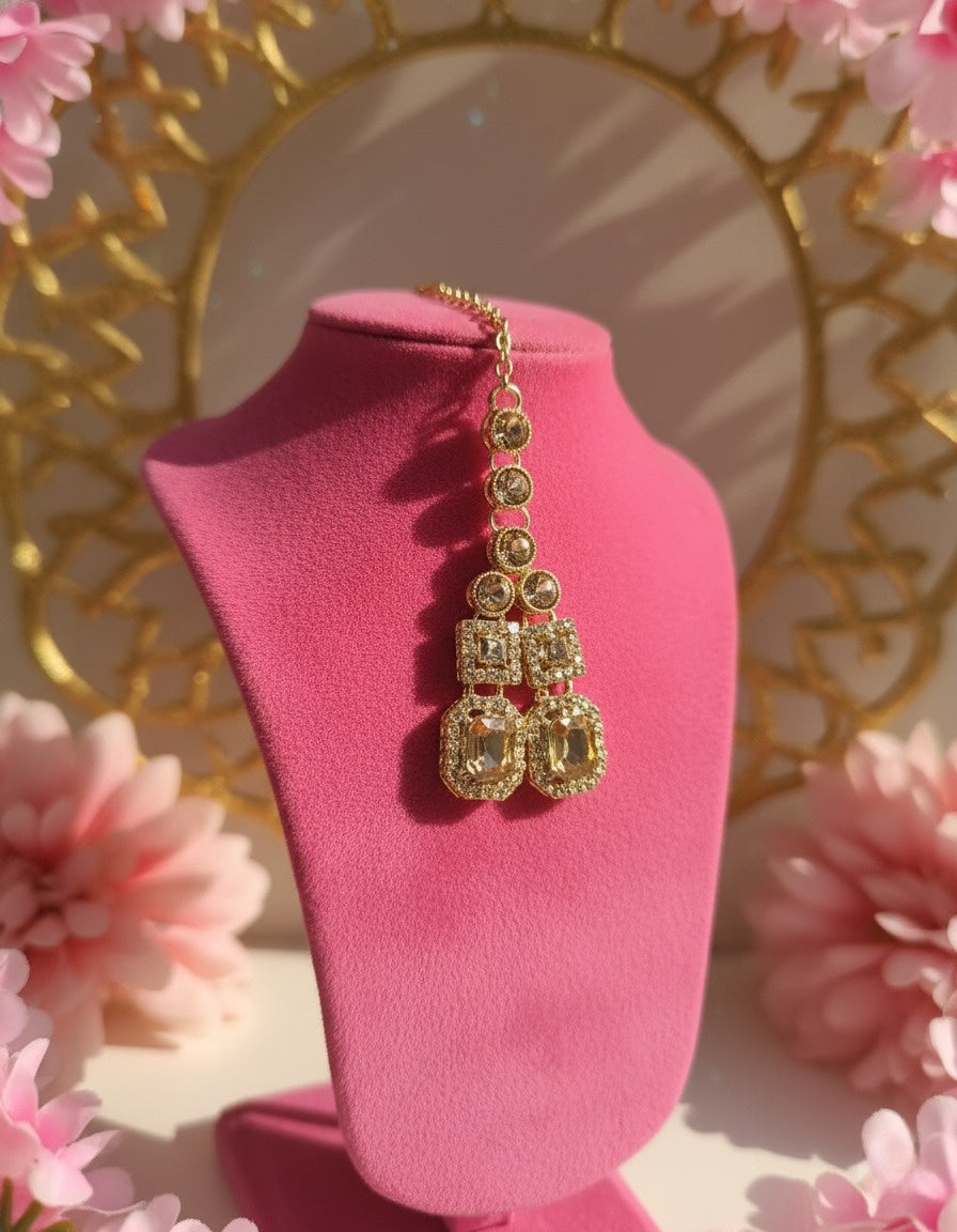 Sondarya Champagne Double-Layered Necklace Set With Maang Tikka