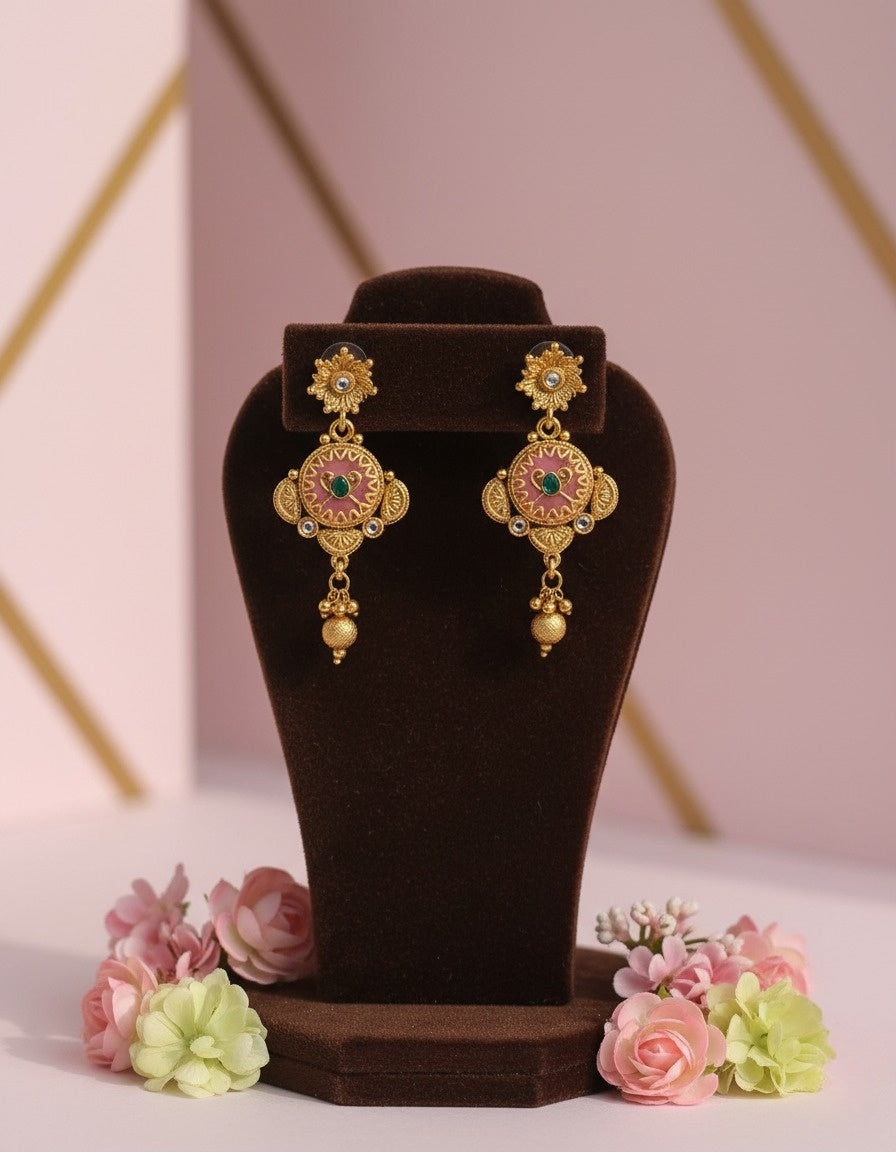 Sondarya Heritage Pink Enamel & Antique Gold Necklace Set With Earrings