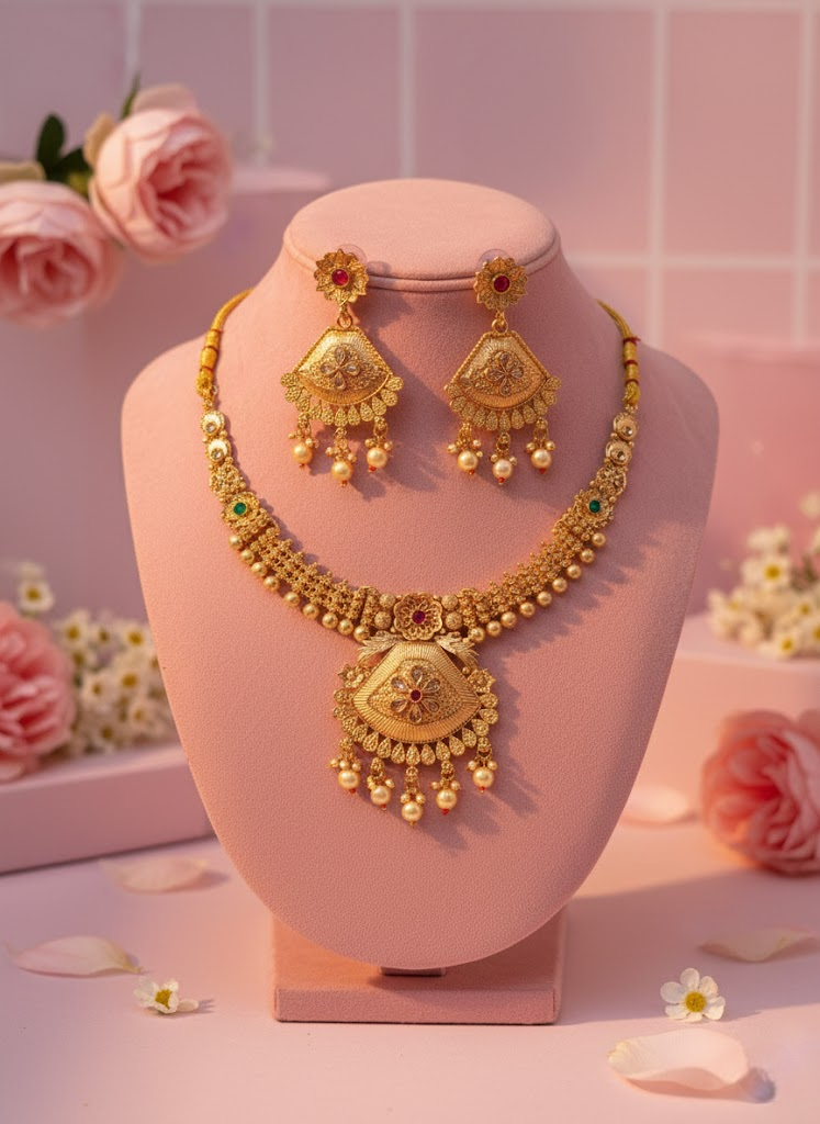 Sondarya Regal Gold-Tone Temple Necklace Set With Earrings