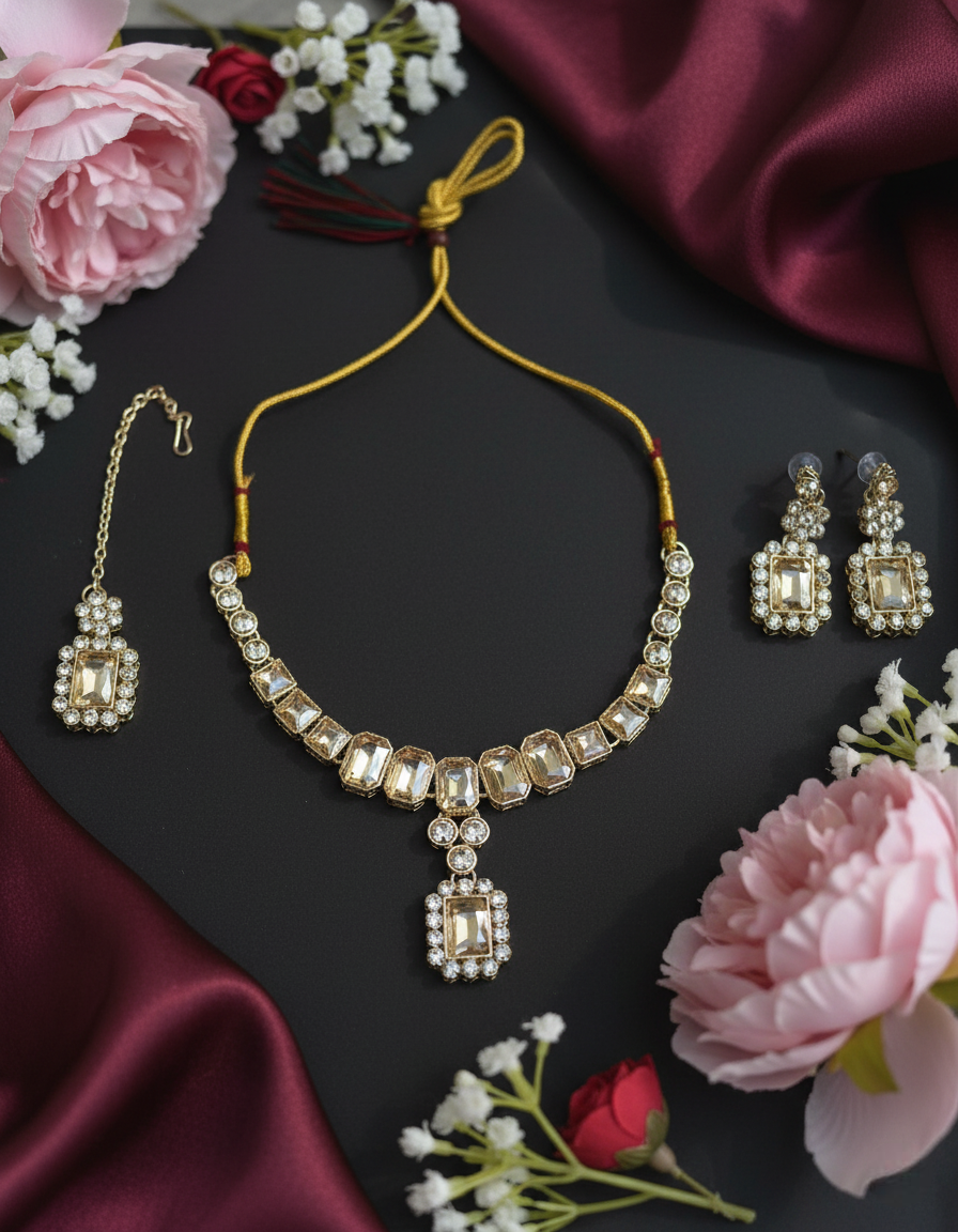 Sondarya Radiant Champagne Gold Crystal Necklace Set