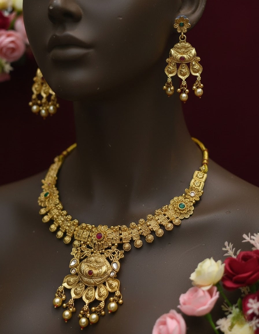 Sondarya Regal Antique Gold-Toned Temple Jewelry Set With Earrings