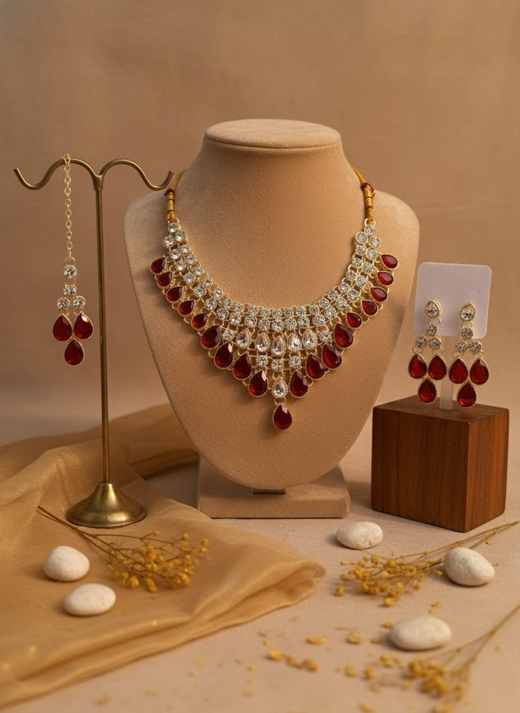 Sondarya Ruby Bloom AD and Red Stone Necklace Set with Maang Tikka