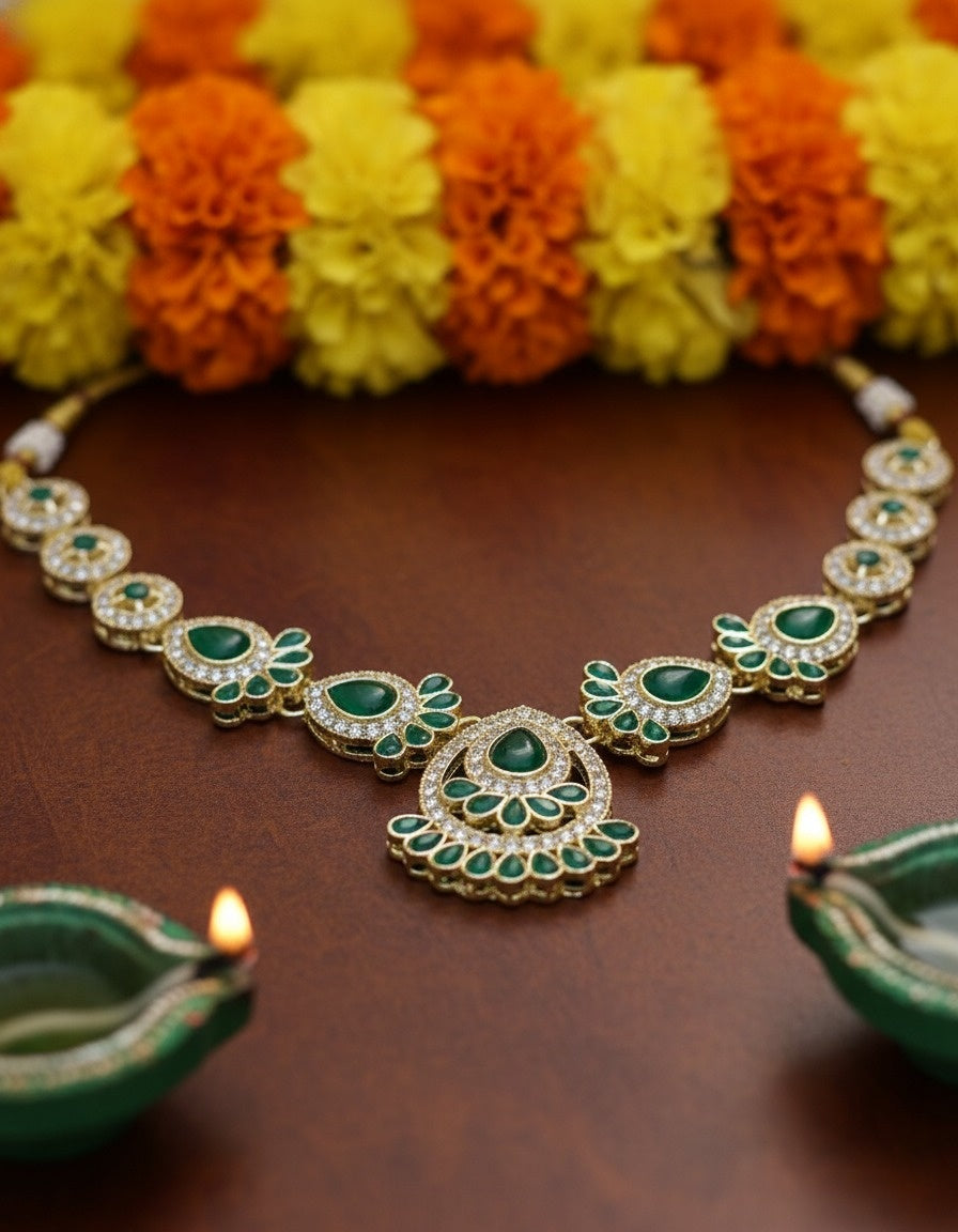 Sondarya Verdant Bloom Green Necklace Set With Maang Tikka