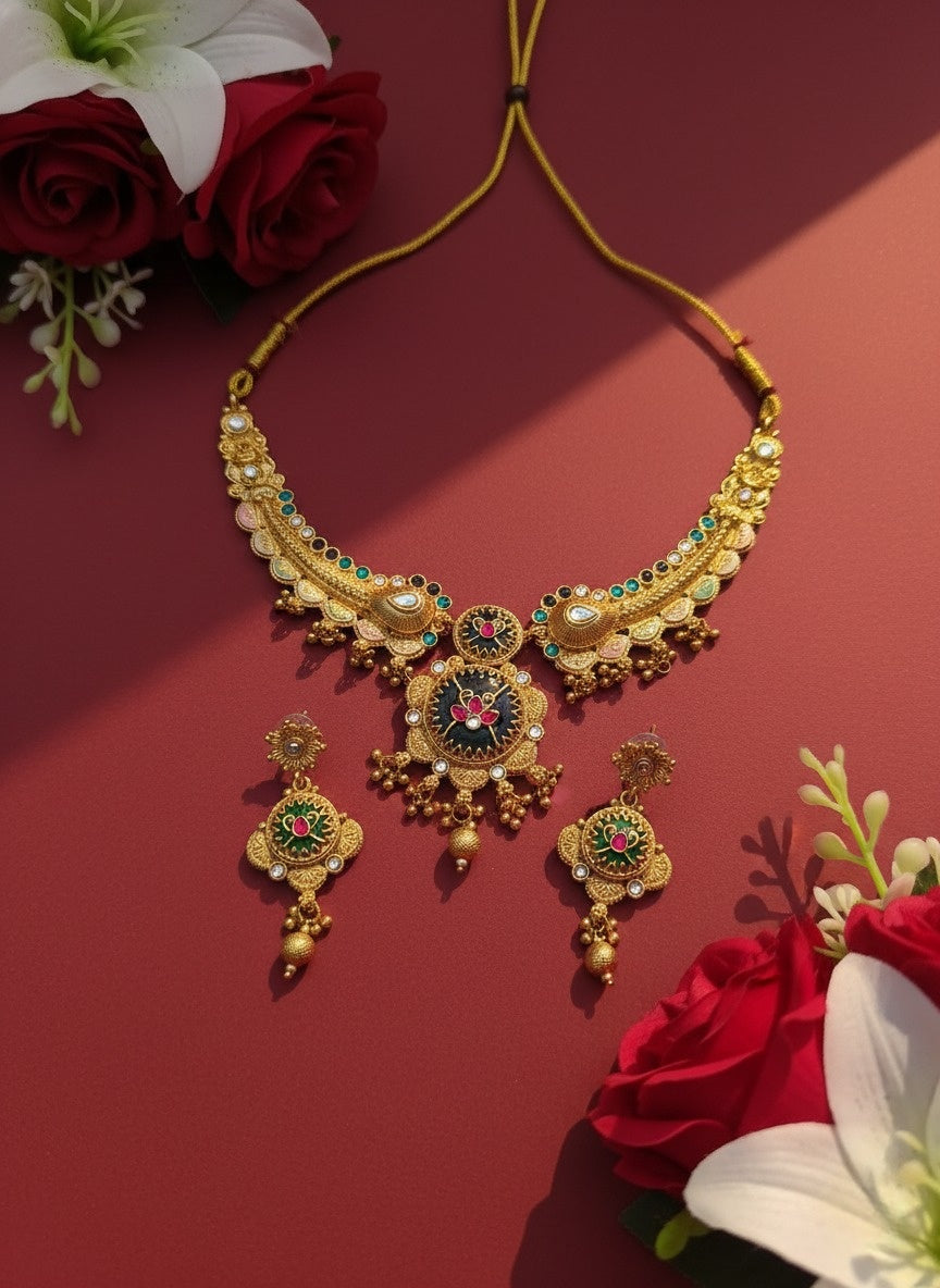 Sondarya Heritage Forest Green Enamel & Antique Gold Set With Earrings