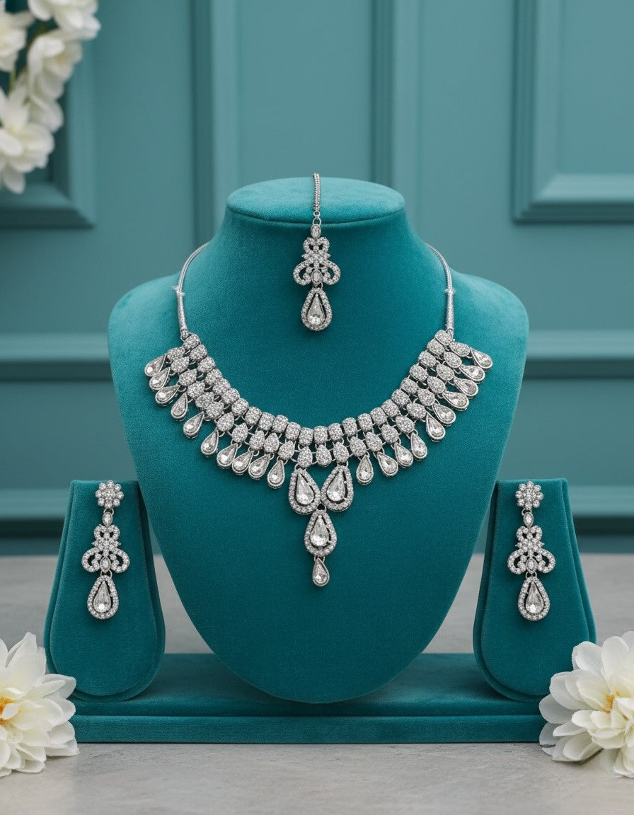 Sondarya Celestial Silver Crystal Necklace Set With Maang Tikka