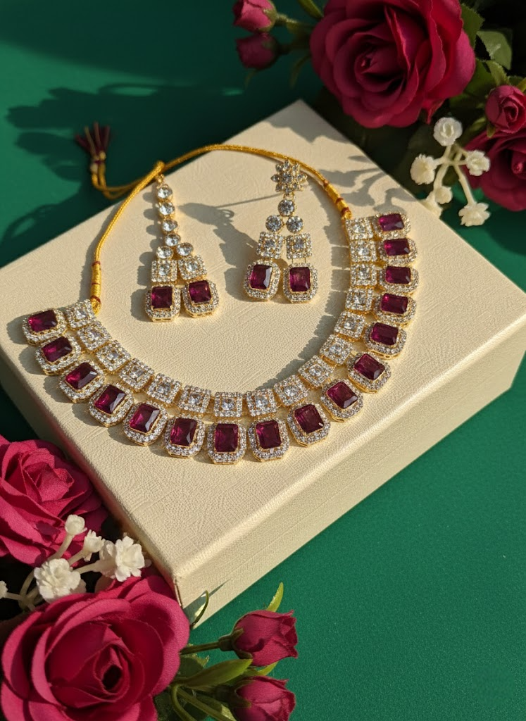 Sondarya Regal Ruby & Diamond-Look Necklace Set With Maang Tikka
