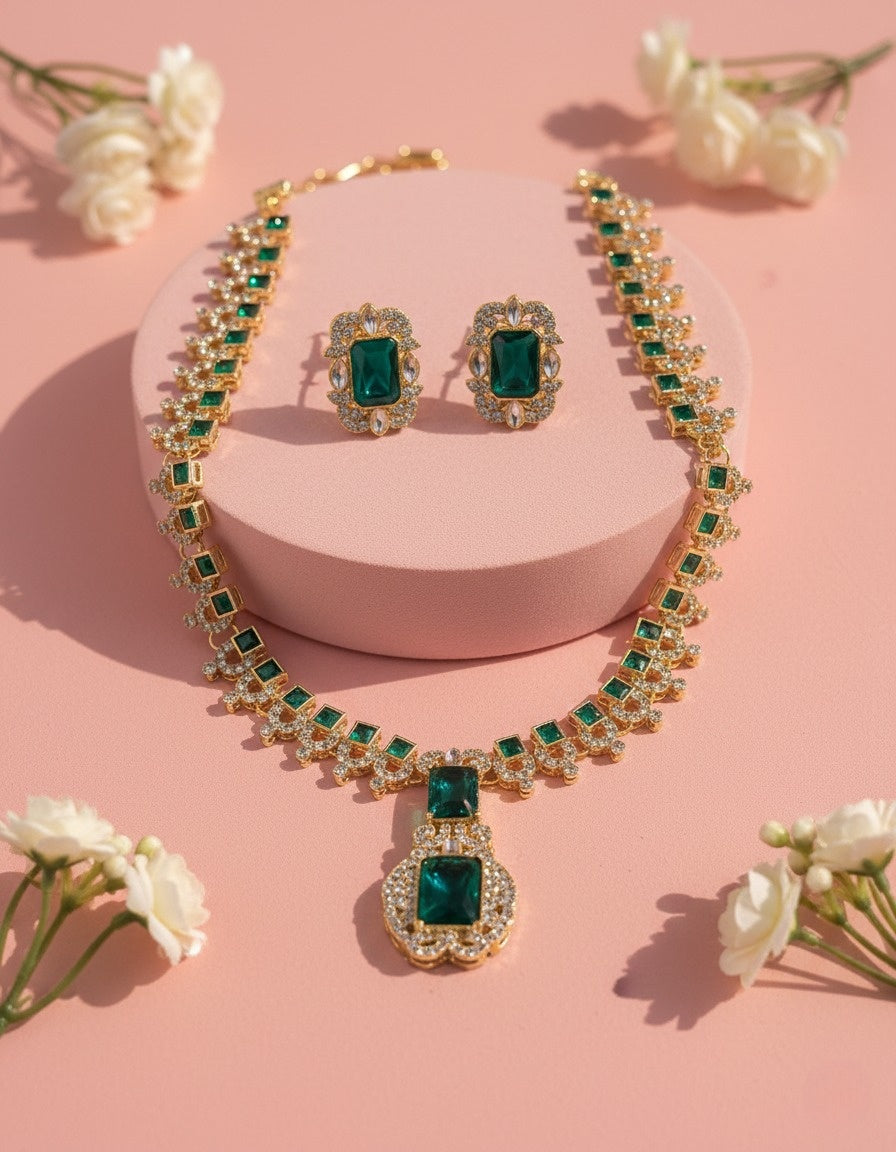 Sondarya Royal Emerald Green Statement Necklace Set With Earrings