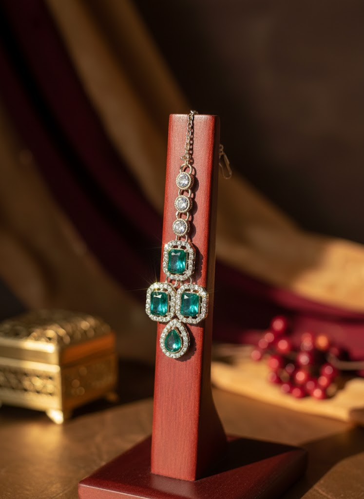 Sondarya Royal Emerald American Diamond Necklace Set with Maang Tikka