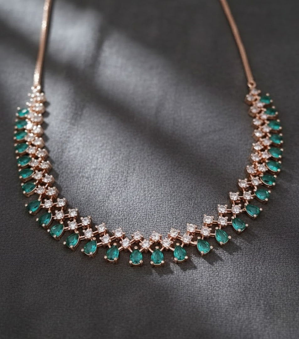 Sondarya Emerald Green & Rose Gold American Diamond Necklace Set
