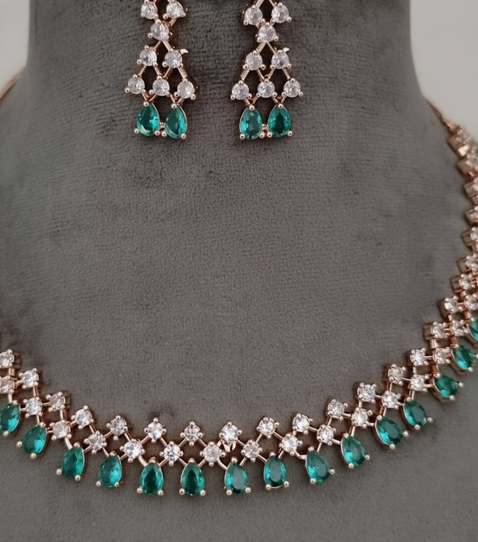 Sondarya Emerald Green & Rose Gold American Diamond Necklace Set