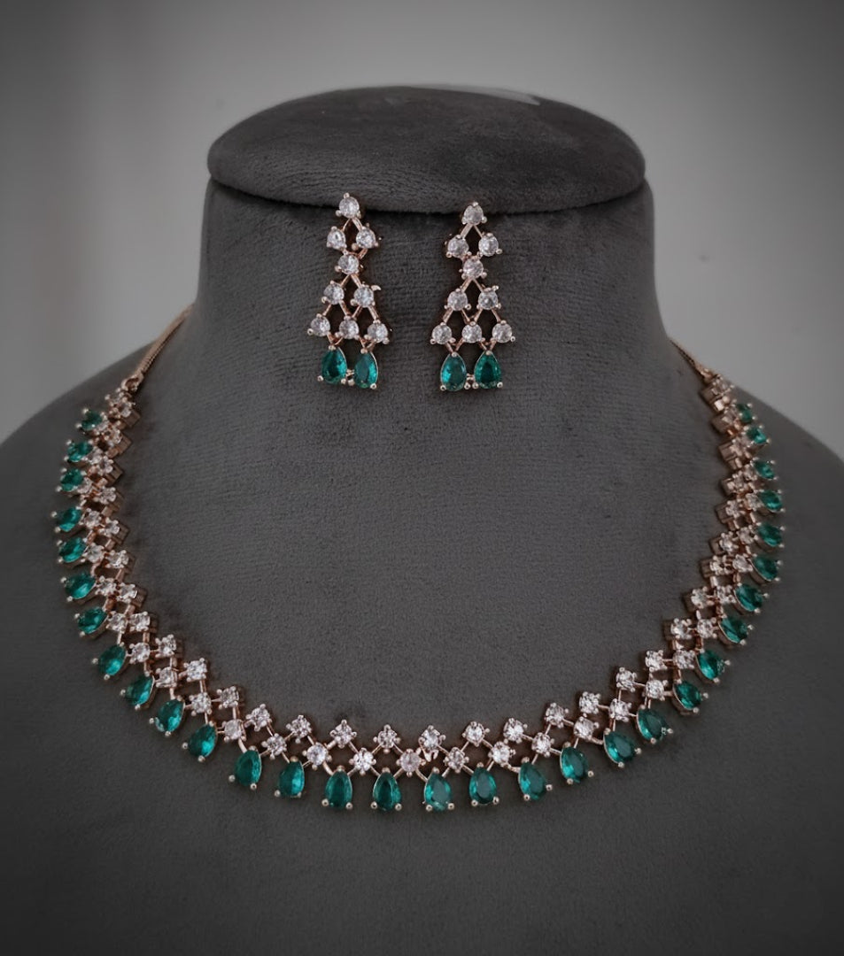Sondarya Emerald Green & Rose Gold American Diamond Necklace Set