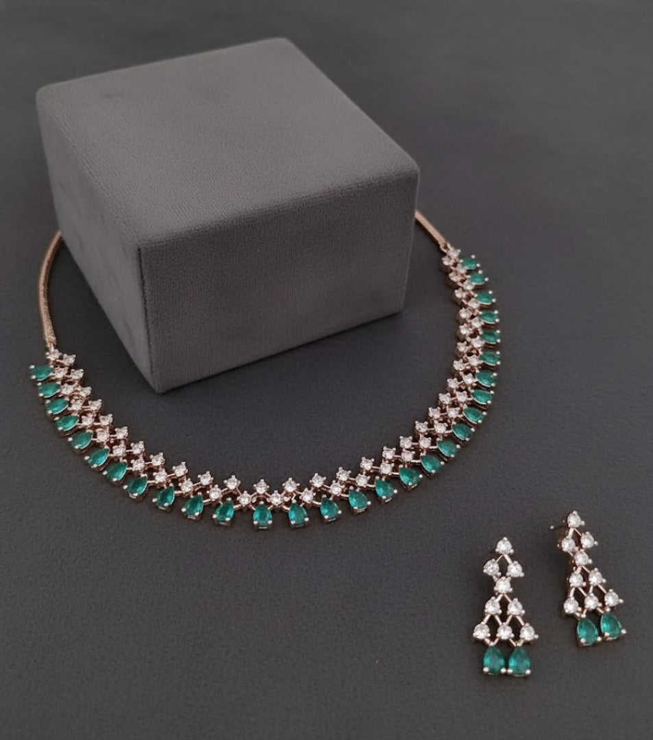 Sondarya Emerald Green & Rose Gold American Diamond Necklace Set
