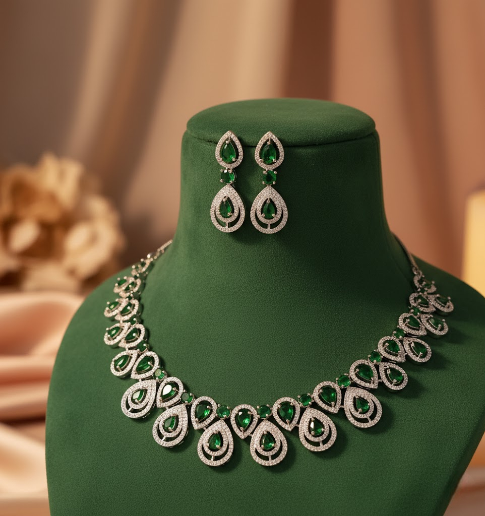 Sondarya Green & Silver American Diamond Necklace Set