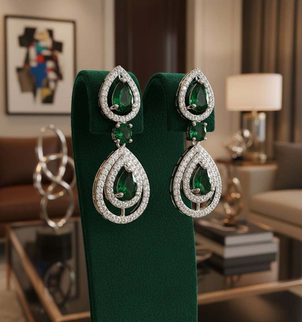 Sondarya Green & Silver American Diamond Necklace Set