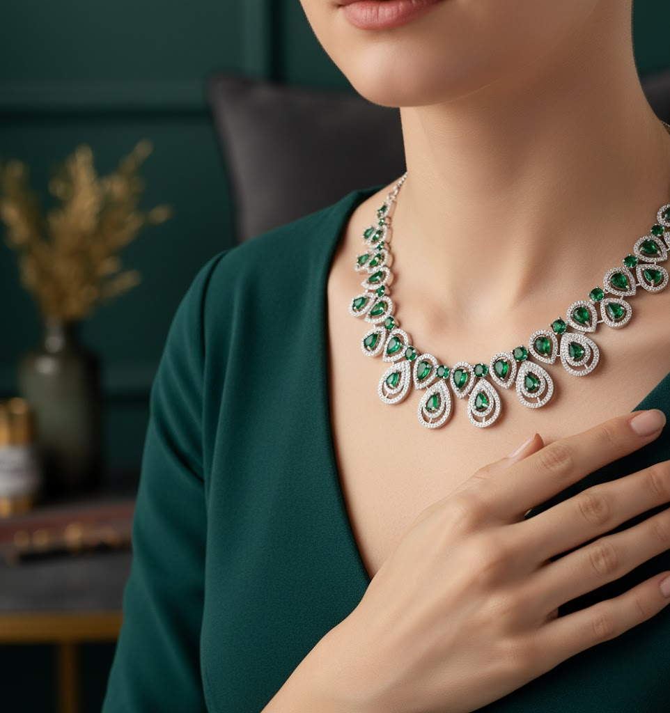 Sondarya Green & Silver American Diamond Necklace Set