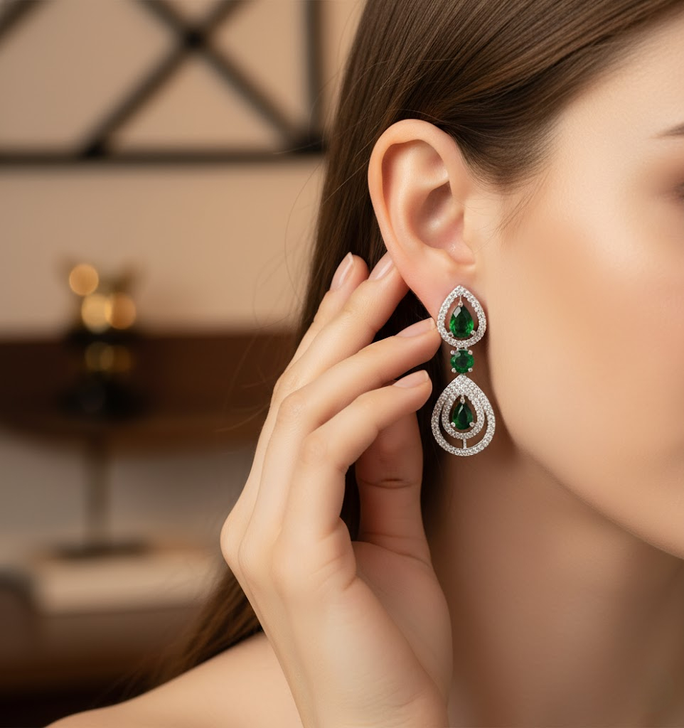 Sondarya Green & Silver American Diamond Necklace Set