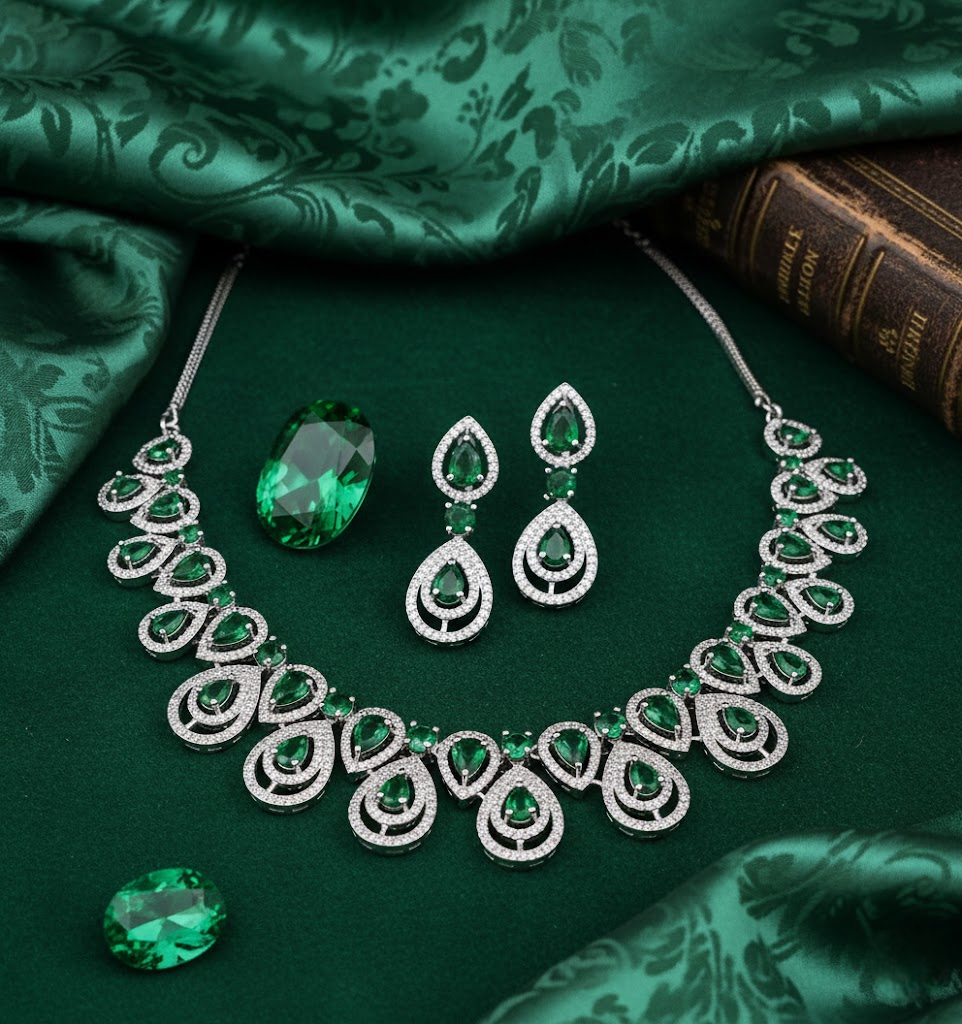 Sondarya Green & Silver American Diamond Necklace Set