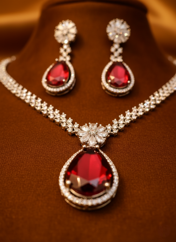 Sondarya American Diamond Necklace, Earrings, and Maang Tikka Set