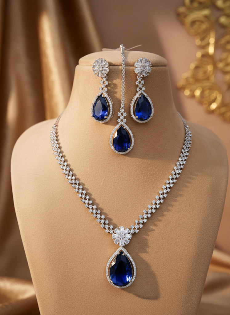 Sondarya Blue American Diamond Necklace Set with Maang Tikka and Earrings