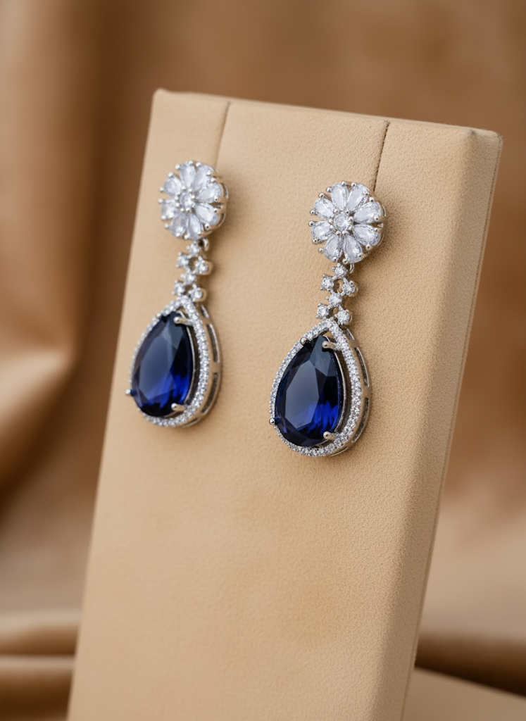 Sondarya Blue American Diamond Necklace Set with Maang Tikka and Earrings