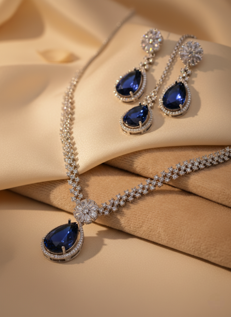 Sondarya Blue American Diamond Necklace Set with Maang Tikka and Earrings