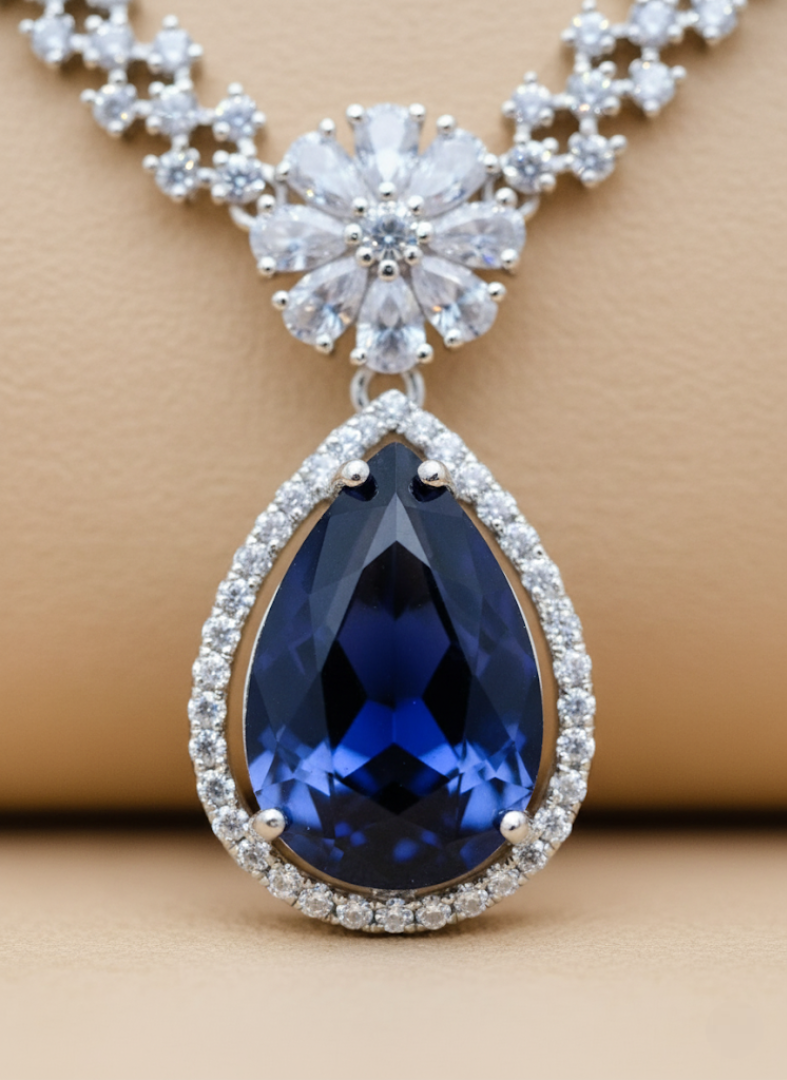 Sondarya Blue American Diamond Necklace Set with Maang Tikka and Earrings