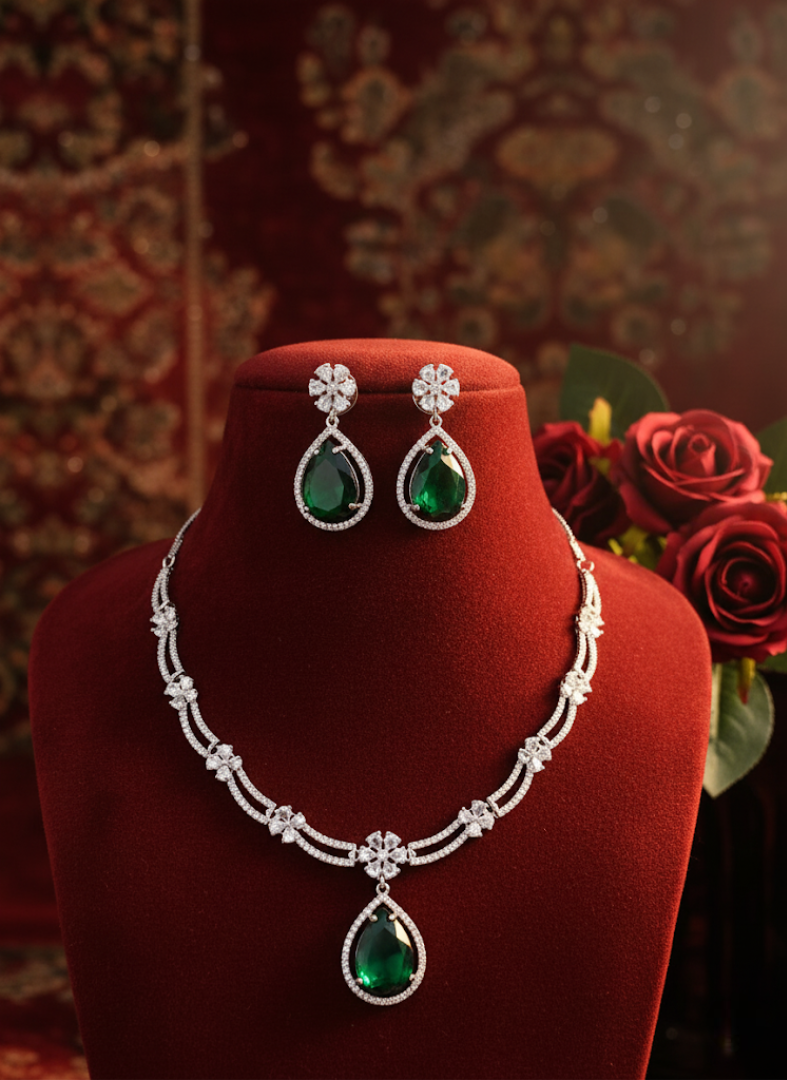 Sondarya Royal Green American Diamond Necklace and Earrings Set