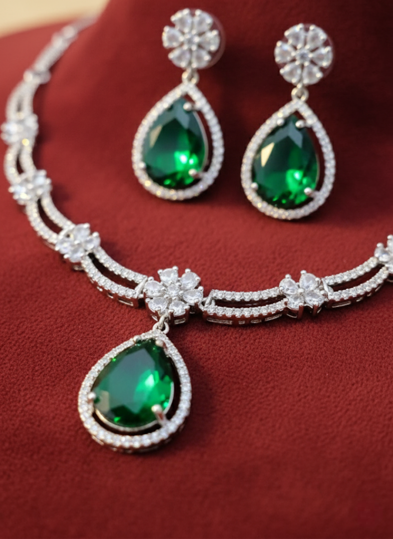 Sondarya Royal Green American Diamond Necklace and Earrings Set
