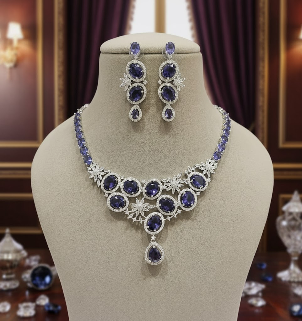 Sondarya American Diamond Necklace Set with Sapphire Stones