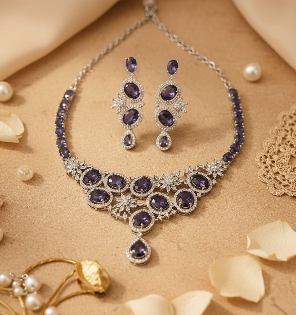 Sondarya American Diamond Necklace Set with Sapphire Stones