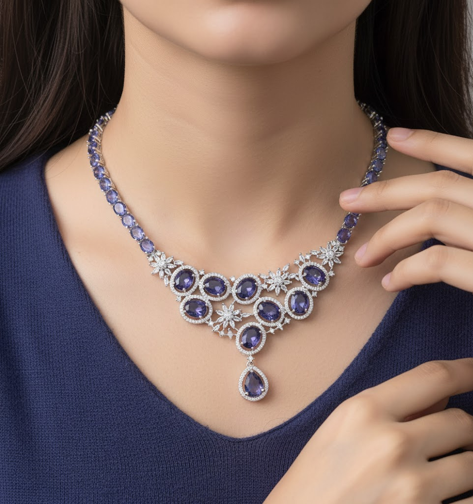 Sondarya American Diamond Necklace Set with Sapphire Stones